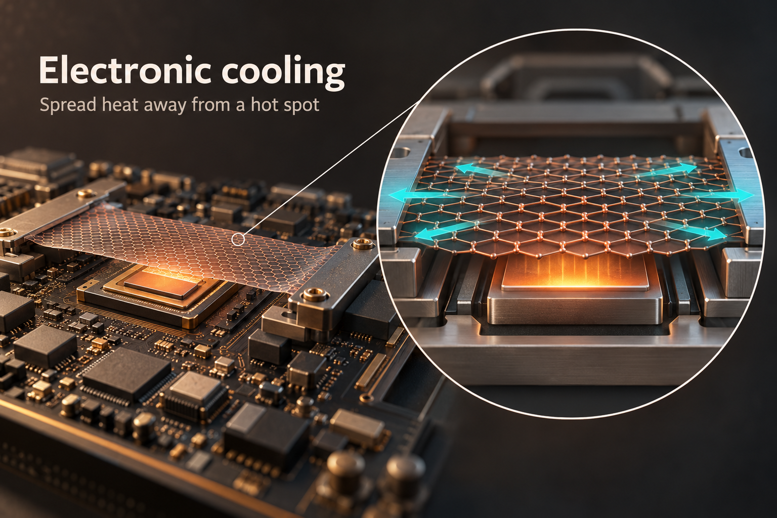 A heat-spreading layer above a chip. A graphene-based layer can spread heat away from a small hot spot. Other parts of the device must then carry that heat to the surroundings.