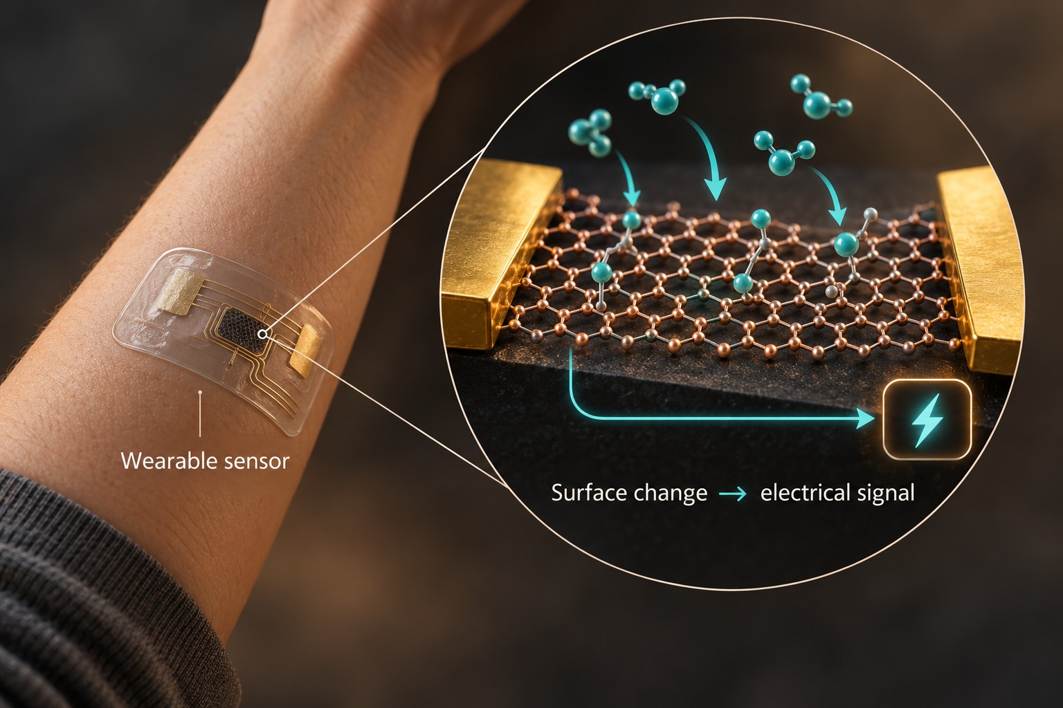 A wearable sensor. Molecules reaching a specially prepared graphene surface can change its electrical response. The device reads that change as a signal.
