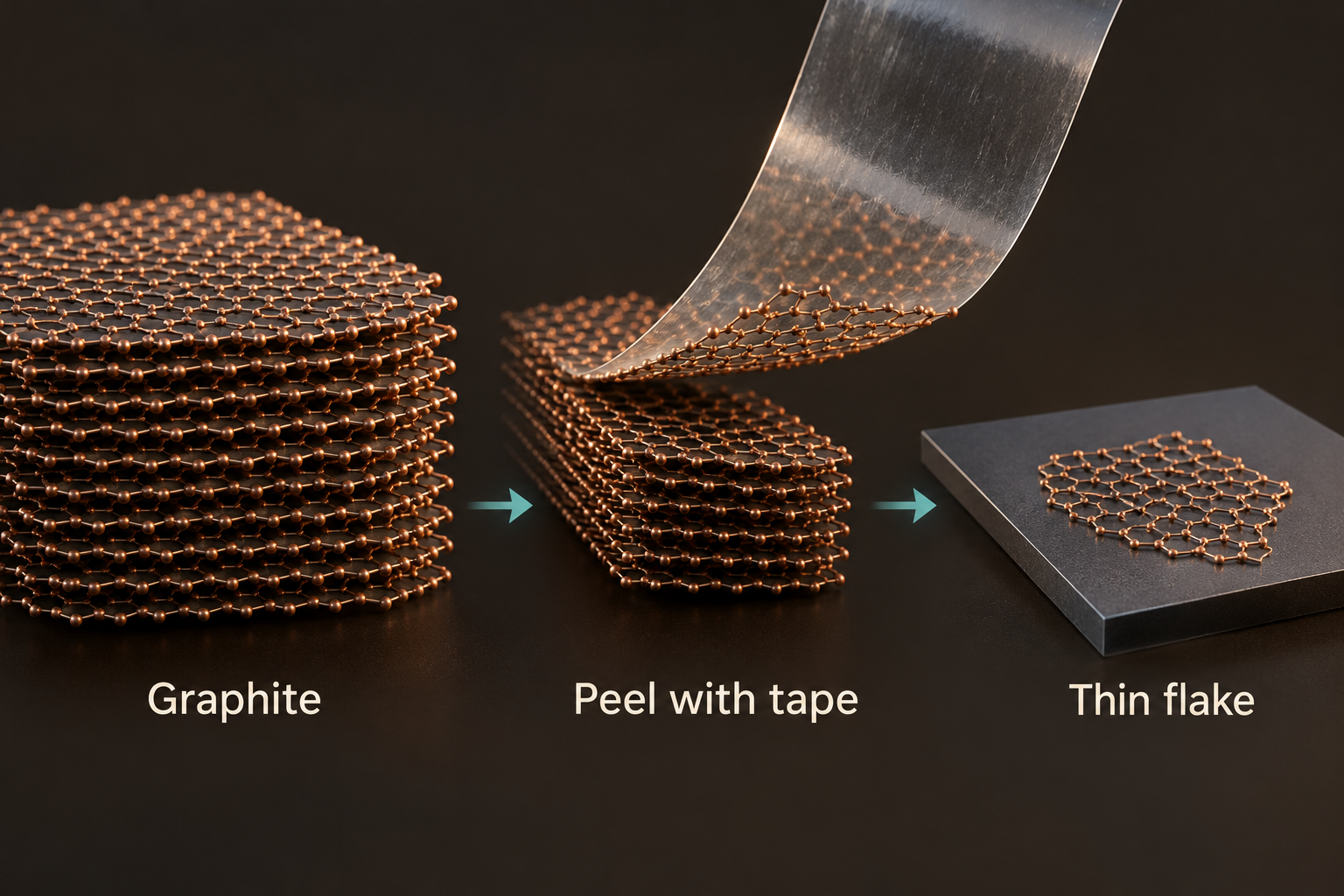 Mechanical exfoliation: Graphite stack → Peel with tape → Thin flake