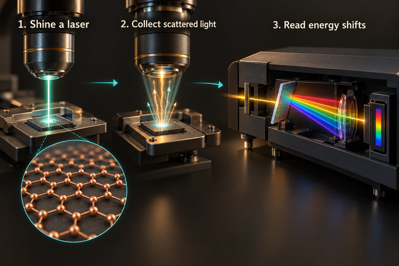 Raman measurement illustration with incident laser light, a graphene sample and scattered light.